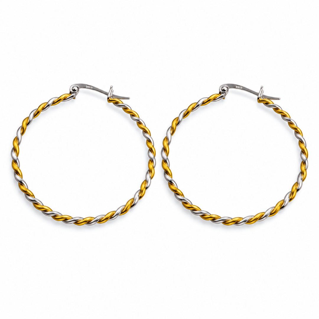 Large Two-Tone Twisted Hoop Earrings in Sterling Silver and 14K Yellow Gold