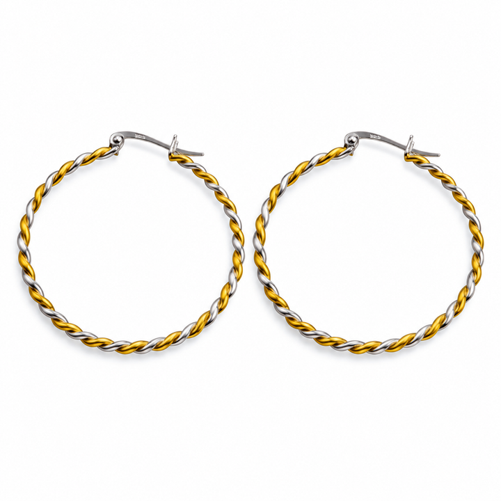 Large Two-Tone Twisted Hoop Earrings in Sterling Silver and 14K Yellow Gold
