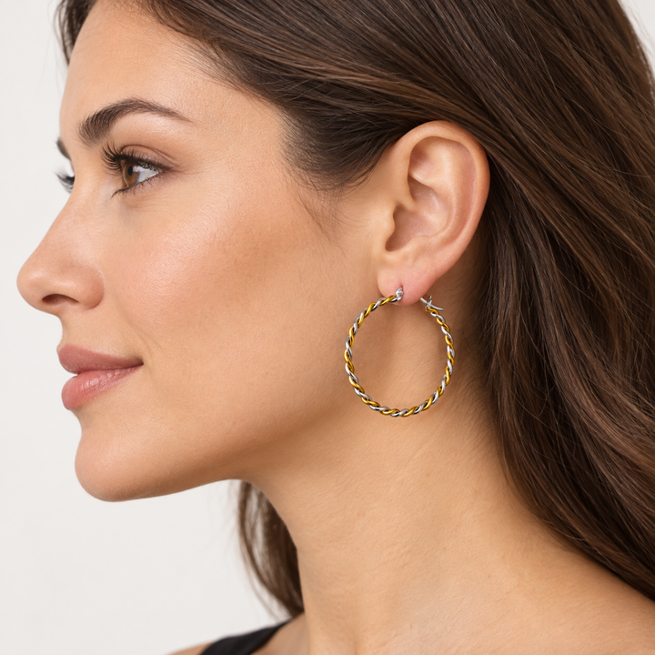 Large Two-Tone Twisted Hoop Earrings in Sterling Silver and 14K Yellow Gold