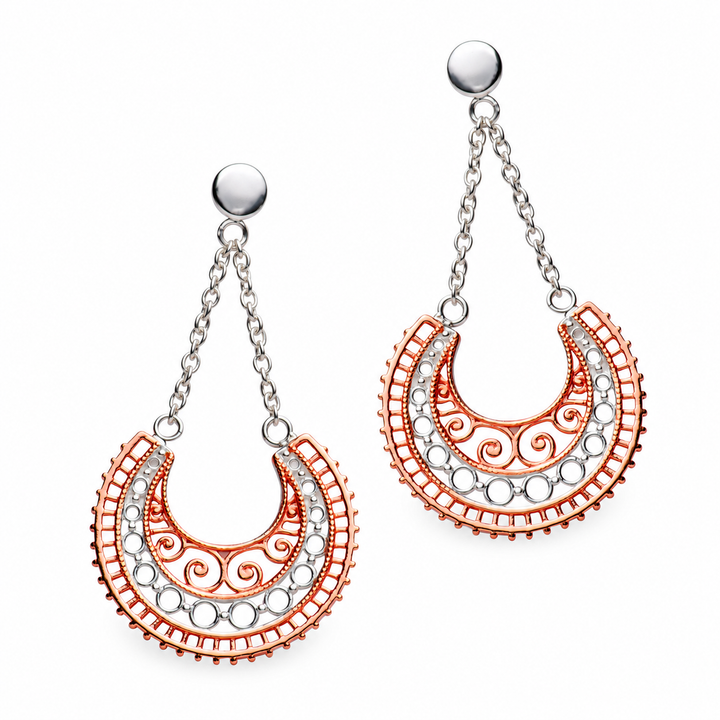 Two-Tone Sterling Silver and 14K Rose Gold Crescent Moon Dangle Earrings – 1.50 Inch