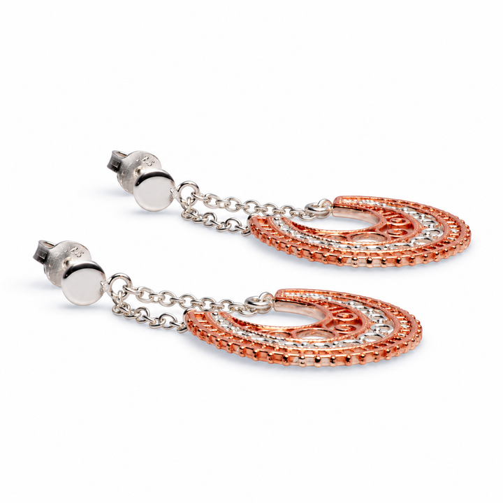 Two-Tone Sterling Silver and 14K Rose Gold Crescent Moon Dangle Earrings – 1.50 Inch