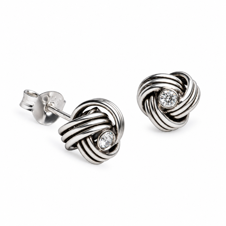 Sterling Silver Love Knot Stud Earrings with Diamond Simulants – 0.30 Inch