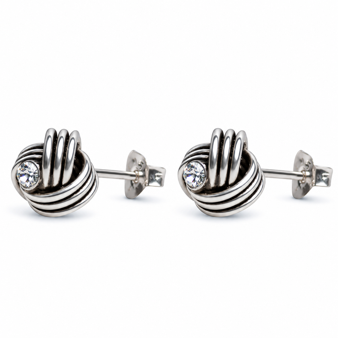 Sterling Silver Love Knot Stud Earrings with Diamond Simulants – 0.30 Inch