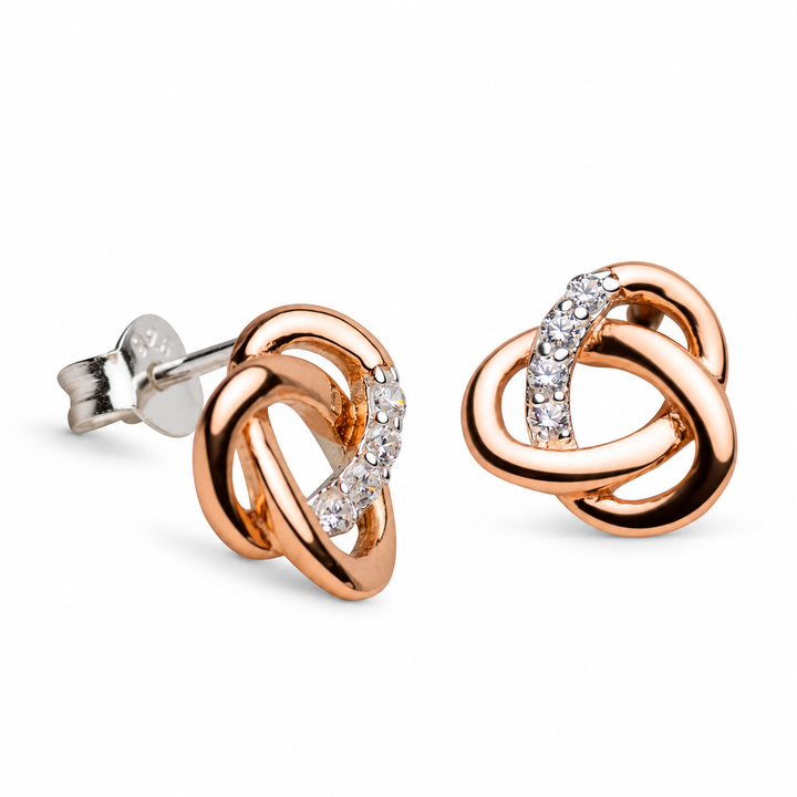 14K Rose Gold Over Sterling Silver Love Knot Stud Earrings with Diamond Simulants
