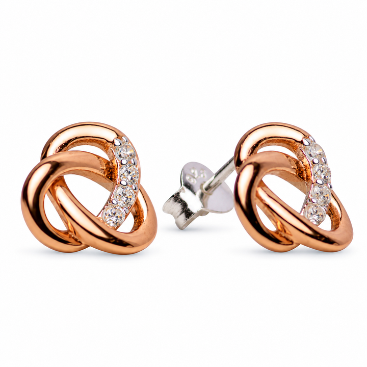 14K Rose Gold Over Sterling Silver Love Knot Stud Earrings with Diamond Simulants