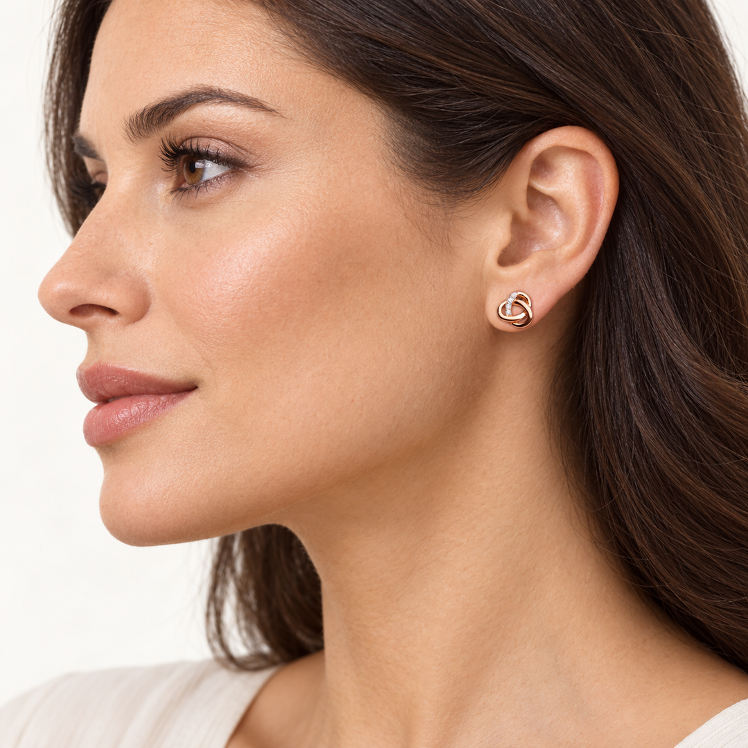 14K Rose Gold Over Sterling Silver Love Knot Stud Earrings with Diamond Simulants