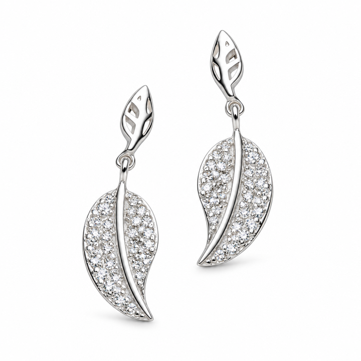 Sterling Silver Diamond Simulant Falling Leaf Dangle Stud Earrings