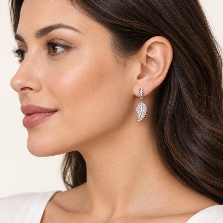 Sterling Silver Diamond Simulant Falling Leaf Dangle Stud Earrings