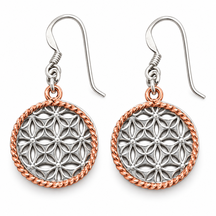 Two-Tone Sterling Silver Floral Dangle Earrings with Rose Gold Twisted Circles