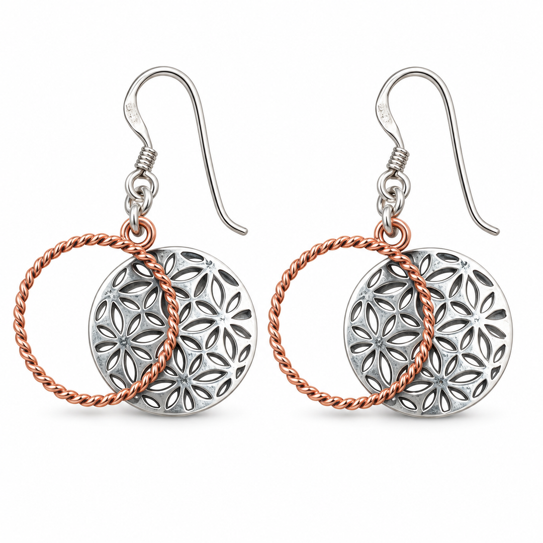 Two-Tone Sterling Silver Floral Dangle Earrings with Rose Gold Twisted Circles