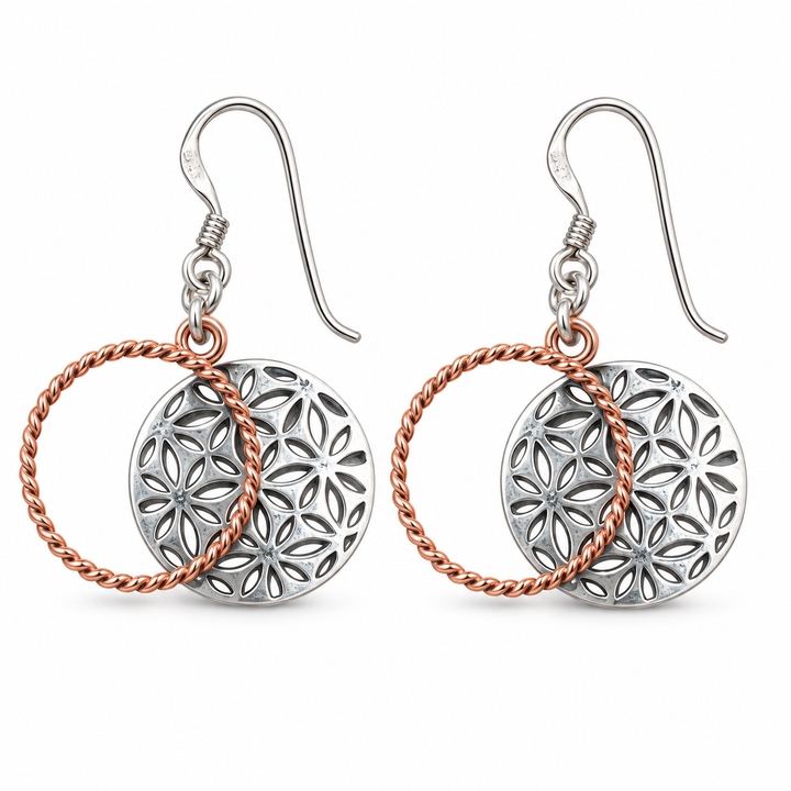 Two-Tone Sterling Silver Floral Dangle Earrings with Rose Gold Twisted Circles