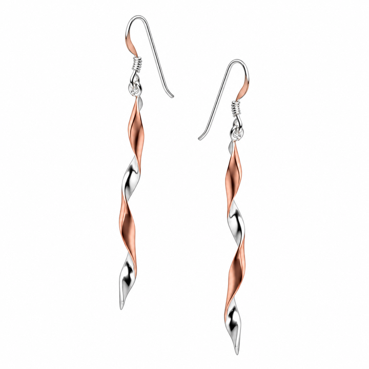 2.25 Inch Two-Tone Twist Dangle Earrings in Sterling Silver and 14K Rose Gold