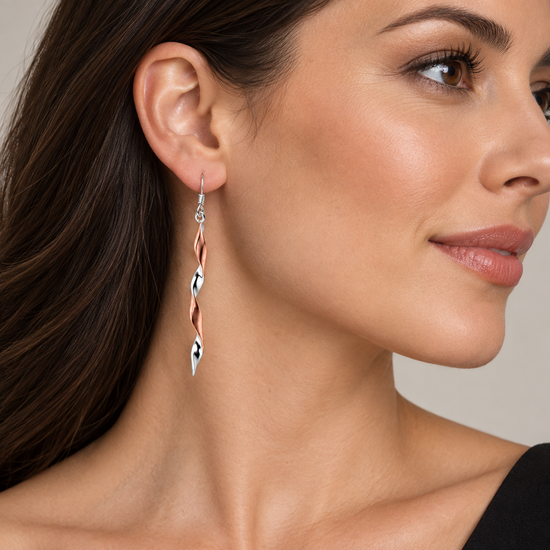 2.25 Inch Two-Tone Twist Dangle Earrings in Sterling Silver and 14K Rose Gold