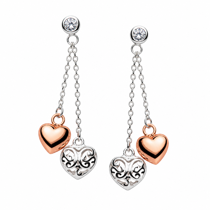 1.41 Inch Two-Tone Double Heart Dangle Earrings with Diamond Simulants