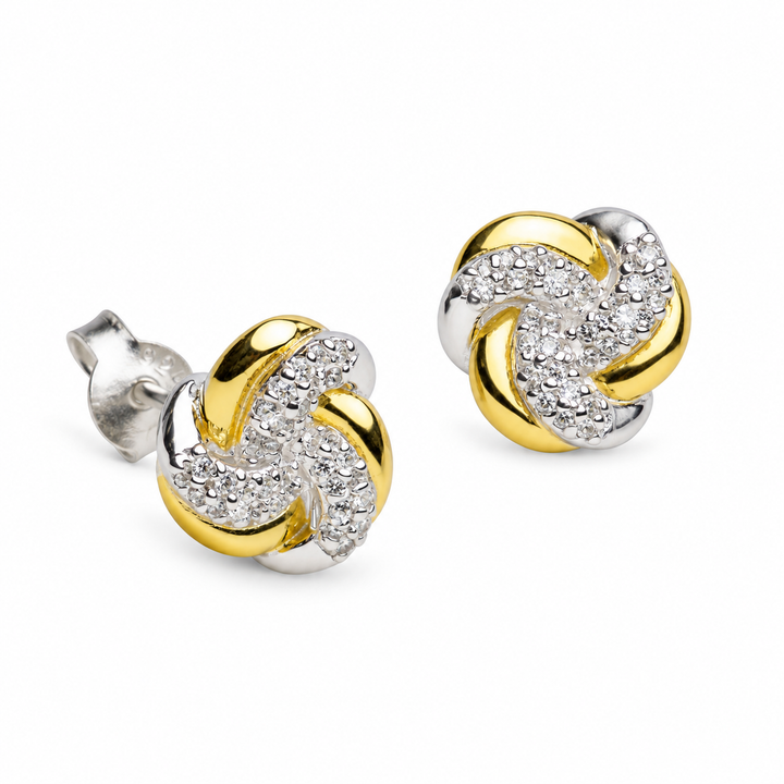 0.37 Inch Diamond Simulant Love Knot Stud Earrings in 14K Yellow Gold Over Sterling Silver