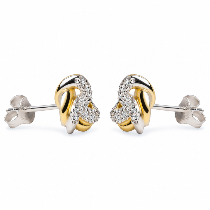 0.37 Inch Diamond Simulant Love Knot Stud Earrings in 14K Yellow Gold Over Sterling Silver