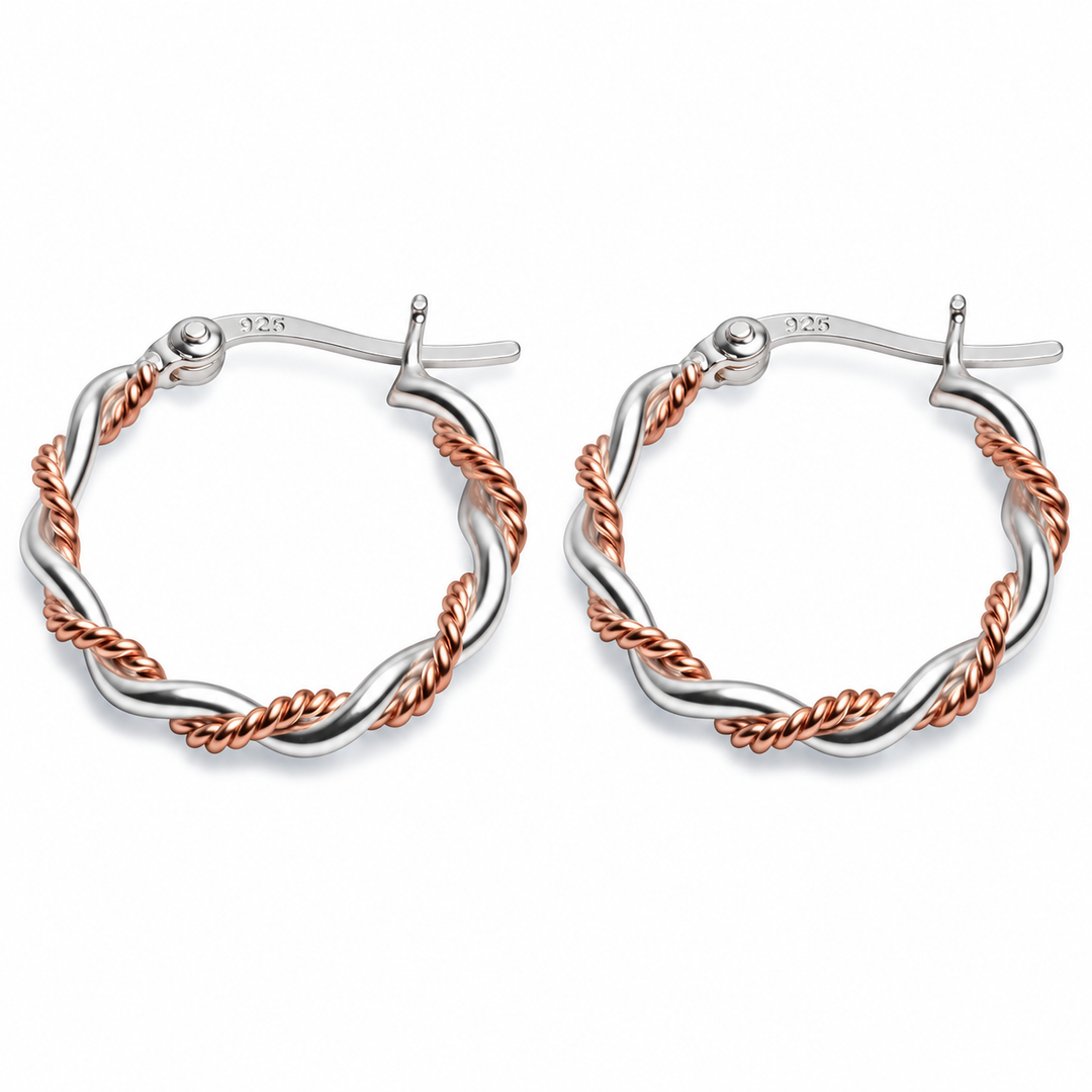 Two-Tone Sterling Silver & 14K Rose Gold Twist Hoop Earrings – 0.86 Inch