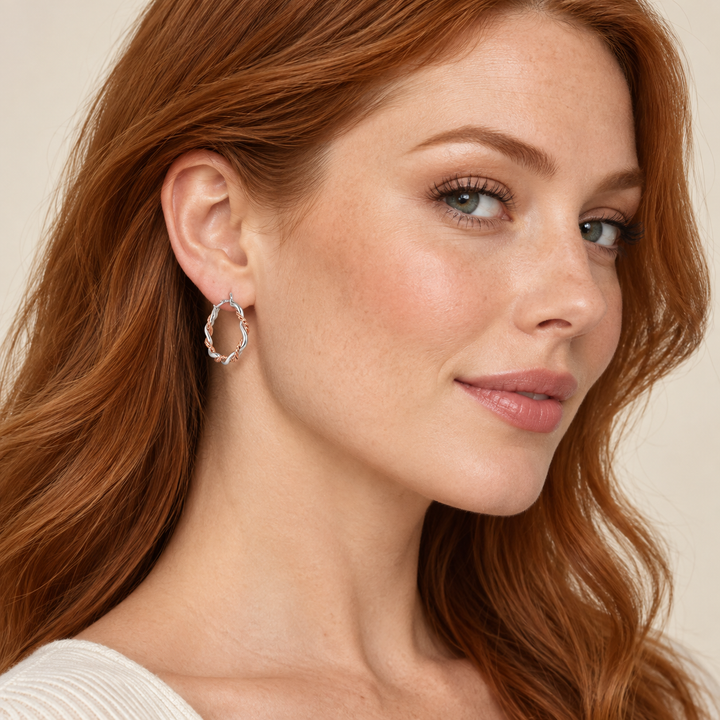 Two-Tone Sterling Silver & 14K Rose Gold Twist Hoop Earrings – 0.86 Inch