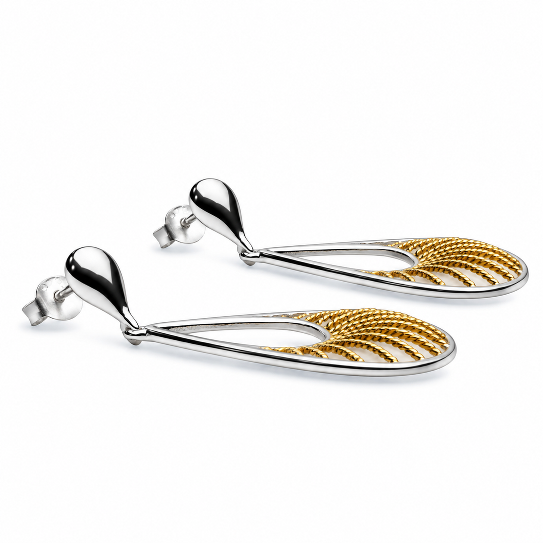 Two-Tone Teardrop Dangle Earrings in Rhodium and 14K Yellow Gold Over Sterling Silver