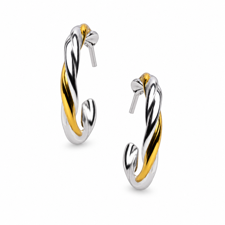 Two-Tone Twisted Hoop Earrings in Sterling Silver and 14K Yellow Gold