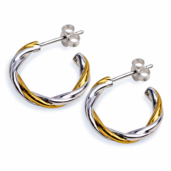 Two-Tone Twisted Hoop Earrings in Sterling Silver and 14K Yellow Gold
