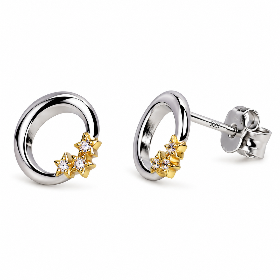 Two-Tone Sterling Silver Crescent Moon and 14K Yellow Gold Star Stud Earrings with Cubic Zirconia – Celestial Push-Back Earrings
