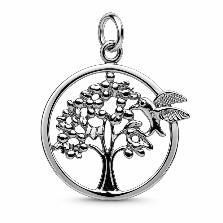 Rhodium-Plated Sterling Silver Bird and Tree of Life Pendant