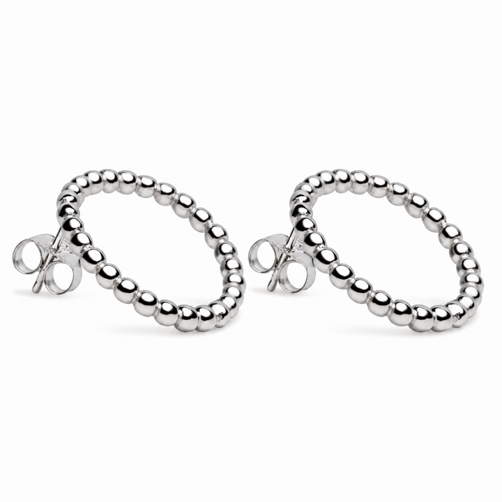 Sterling Silver Beaded Circle Stud Earrings with Geometric Ball Design – 0.8 Inch