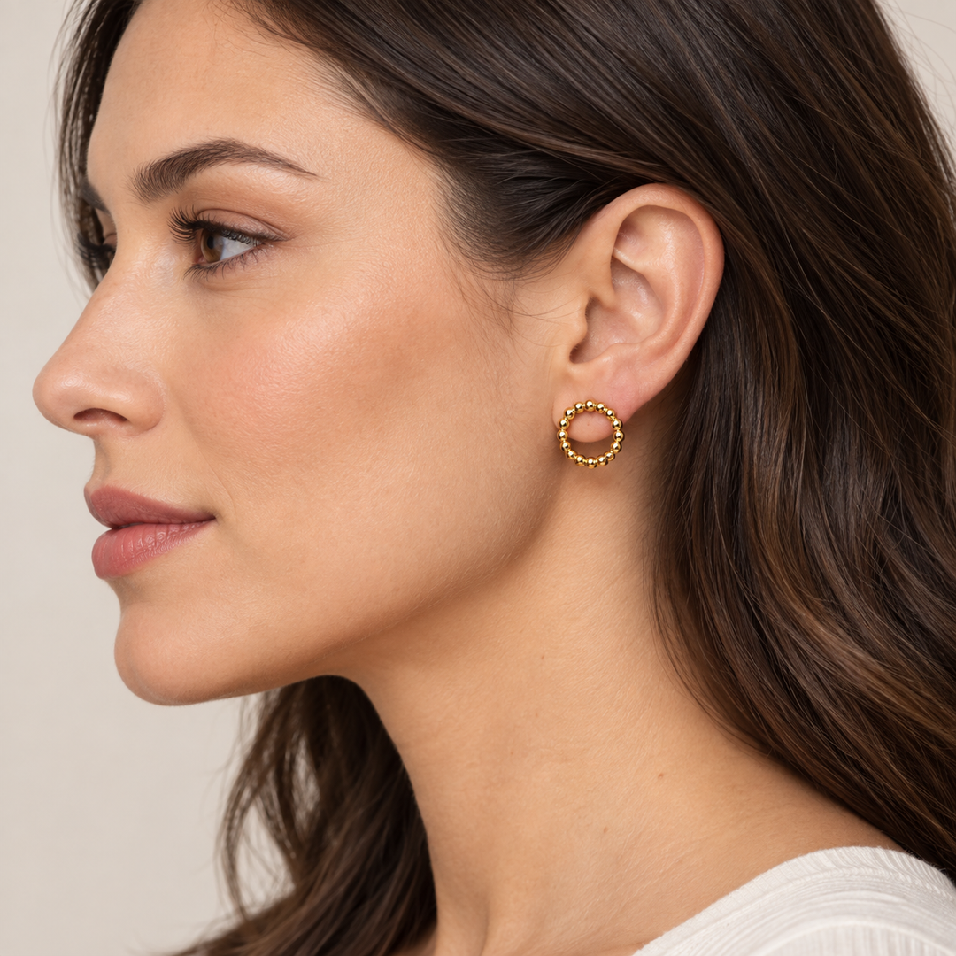 14K Yellow Gold Over Sterling Silver Beaded Circle Stud Earrings – 0.8 Inch