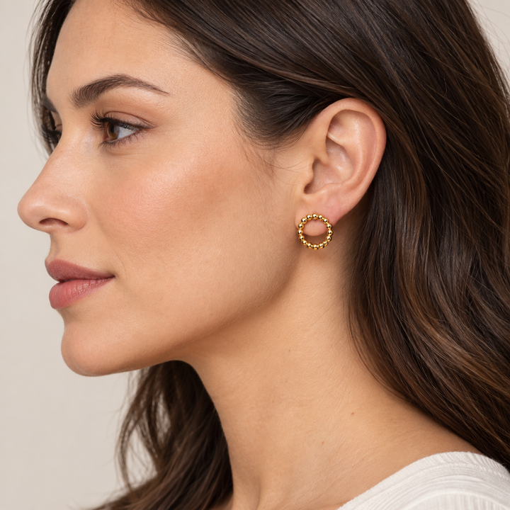 14K Yellow Gold Over Sterling Silver Beaded Circle Stud Earrings – 0.8 Inch