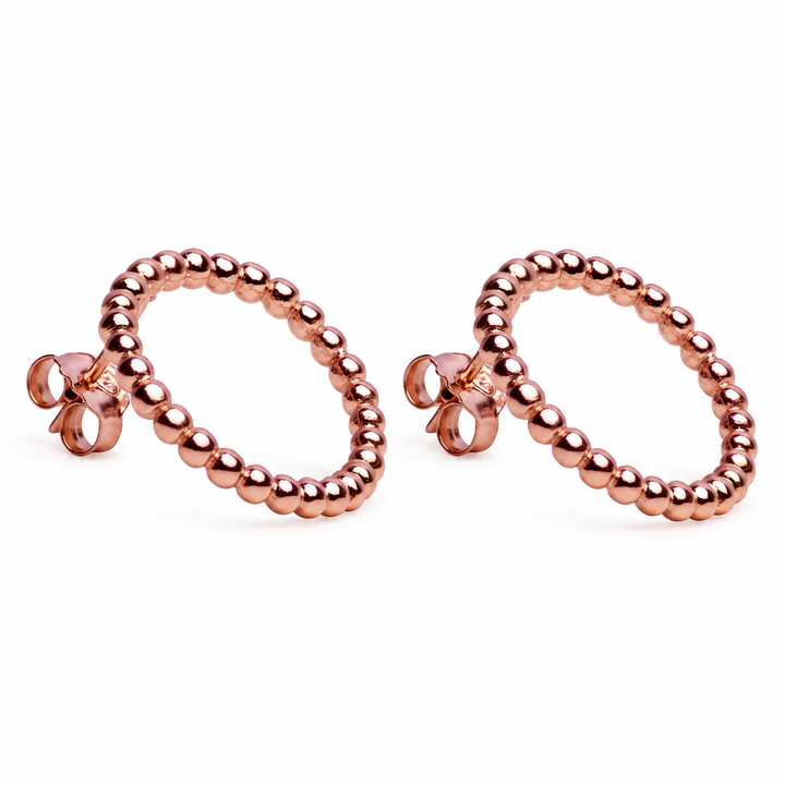 14K Rose Gold Over Sterling Silver Beaded Circle Stud Earrings – 0.8 Inch Geometric Ball Design with Push-Back Closures
