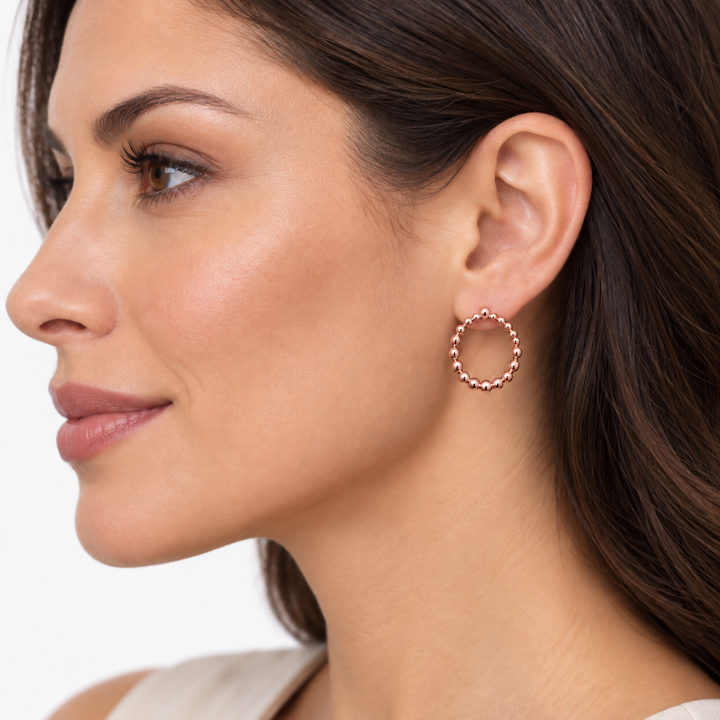 14K Rose Gold Over Sterling Silver Beaded Circle Stud Earrings – 0.8 Inch Geometric Ball Design with Push-Back Closures