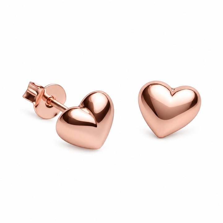 8 mm 14K Rose Gold Over Sterling Silver Heart Stud Earrings – High-Polish Classic Hearts with Push-Back Closures