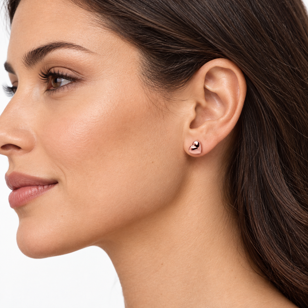 8 mm 14K Rose Gold Over Sterling Silver Heart Stud Earrings – High-Polish Classic Hearts with Push-Back Closures