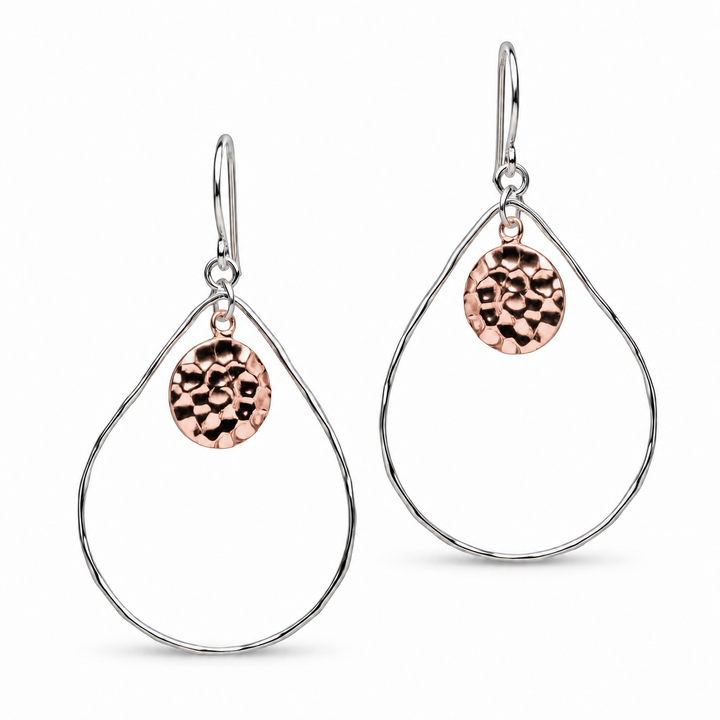 14K Rose Gold Over Sterling Silver Hammered Disc Teardrop Dangle Earrings – Two-Tone Fishhook Earrings, 1.78-Inch Drop