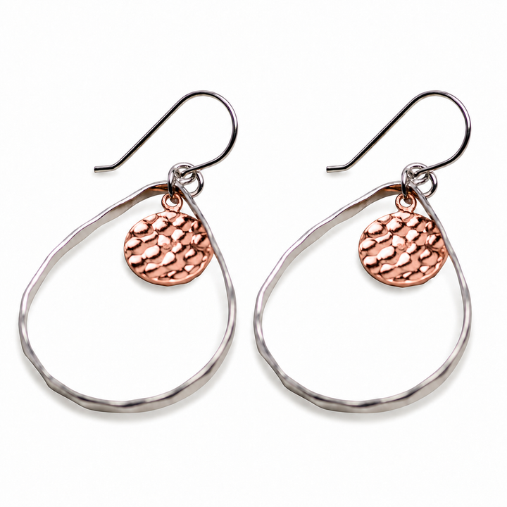 14K Rose Gold Over Sterling Silver Hammered Disc Teardrop Dangle Earrings – Two-Tone Fishhook Earrings, 1.78-Inch Drop