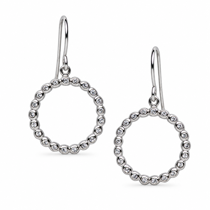 Sterling Silver Circular Dangle Earrings with 42 Cubic Zirconia Stones – High-Polish Geometric Fishhook Earrings, 1.15-Inch Drop