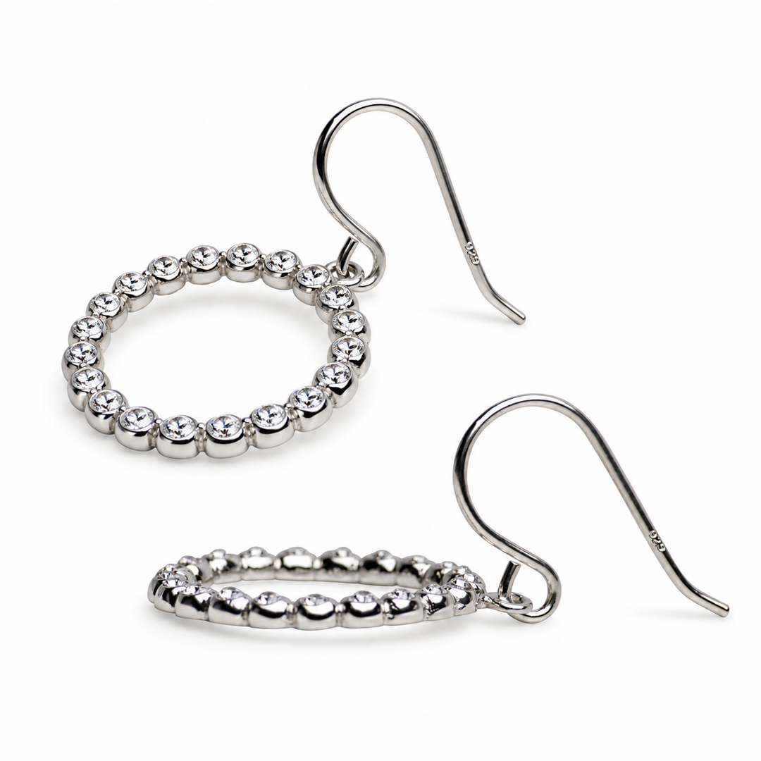 Sterling Silver Circular Dangle Earrings with 42 Cubic Zirconia Stones – High-Polish Geometric Fishhook Earrings, 1.15-Inch Drop