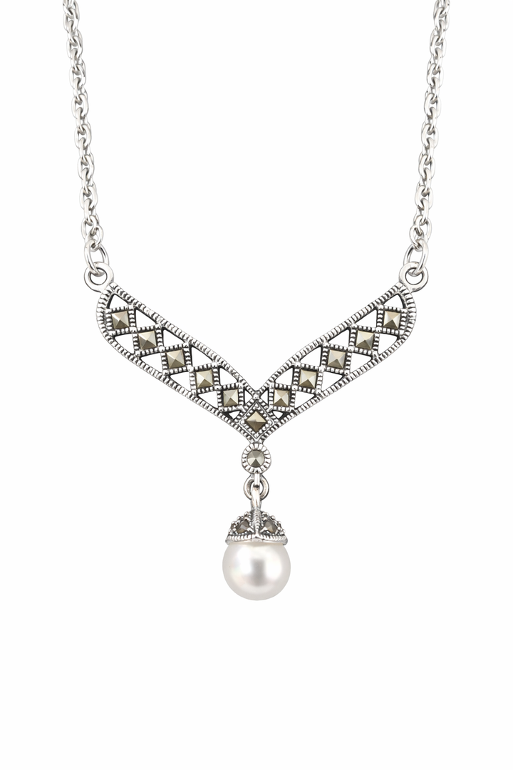 Sterling Silver Marcasite V Necklace with Synthetic Pearl Drop – 16 Inch Rope Chain
