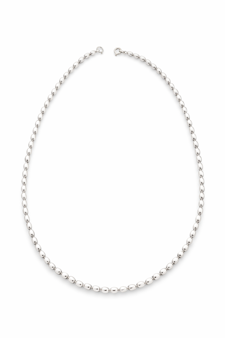 Sterling Silver Oval Bead Necklace – 925 Silver Polished Beaded Chain Necklace 16.5” Vintage Style
