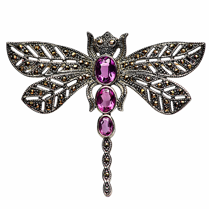 Sterling Silver Dragonfly Brooch with Amethyst & Marcasite – 2.5" Vintage Style Insect Pin