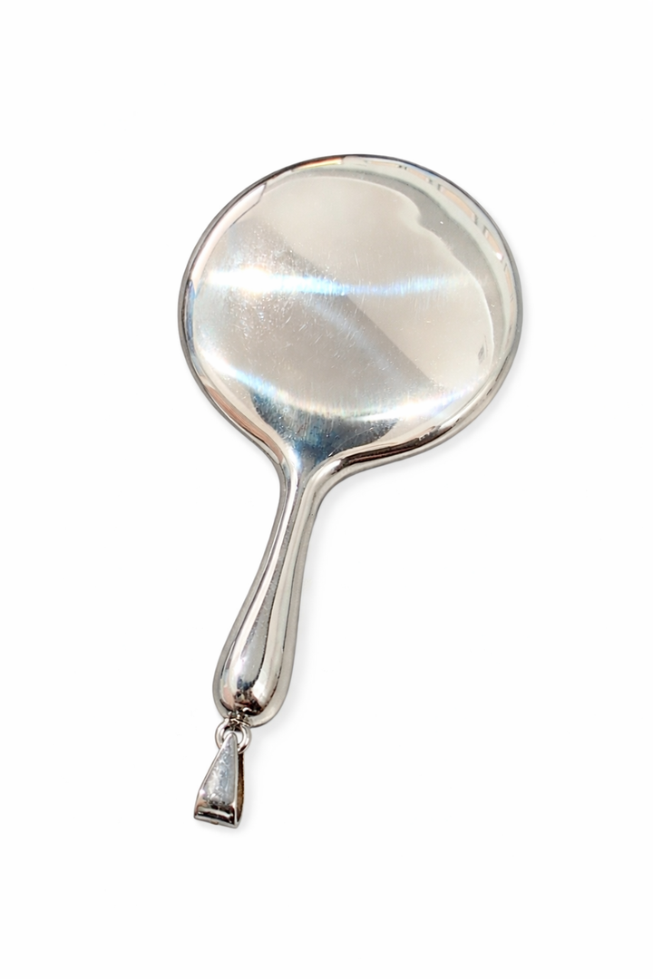Vintage Style Sterling Silver Hand Mirror Pendant – Antiqued Mirror Jewelry Charm 2.65"