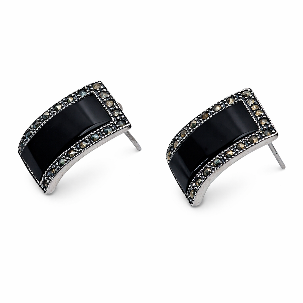 Sterling Silver Black Onyx & Marcasite Stud Earrings – 3/4 Inch
