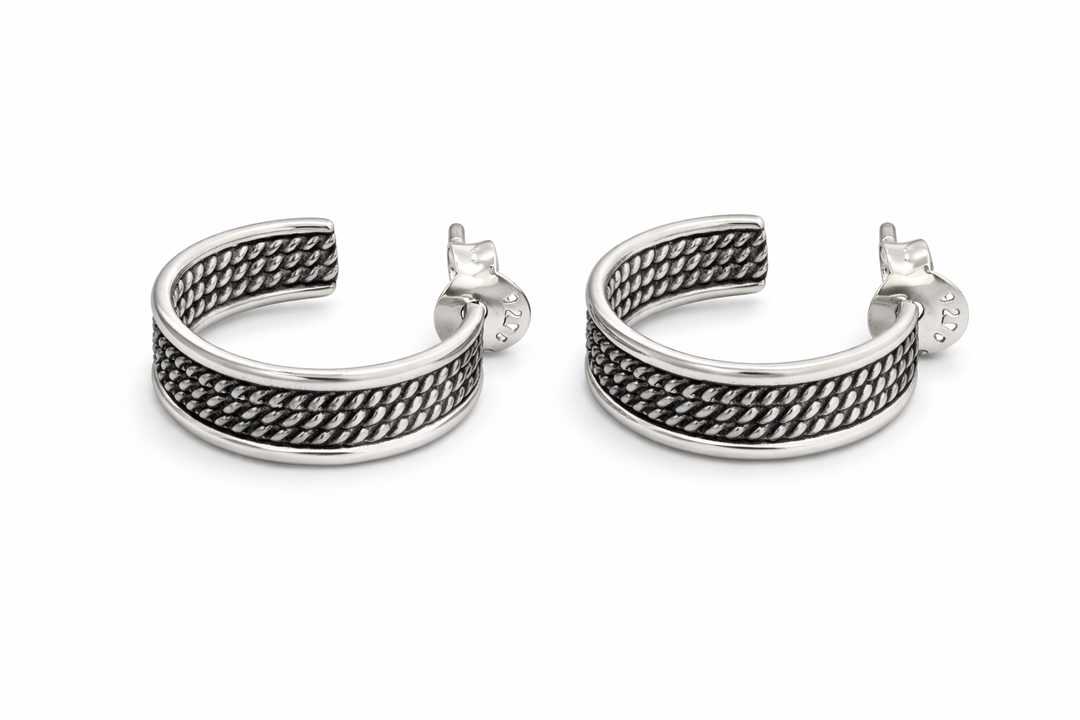 Sterling Silver Rope Hoop Earrings – 5/8 Inch Diameter Textured 925 Silver Hoops, 4 mm Wide