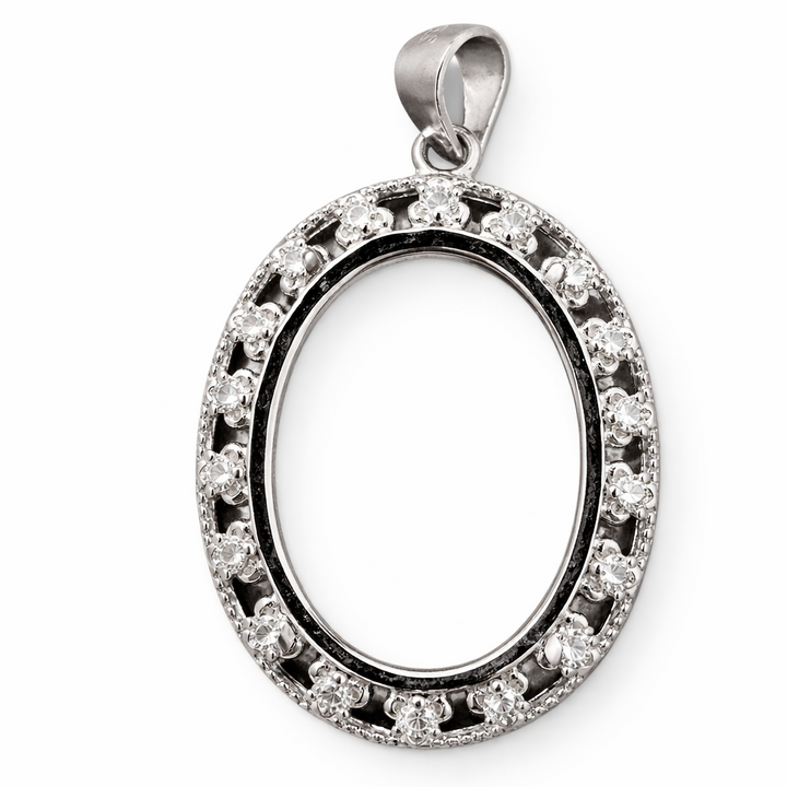 Sterling Silver Oval Pendant Setting 20x15mm – Diamond Simulant Halo Mount, 1" Jewelry Stone Holder