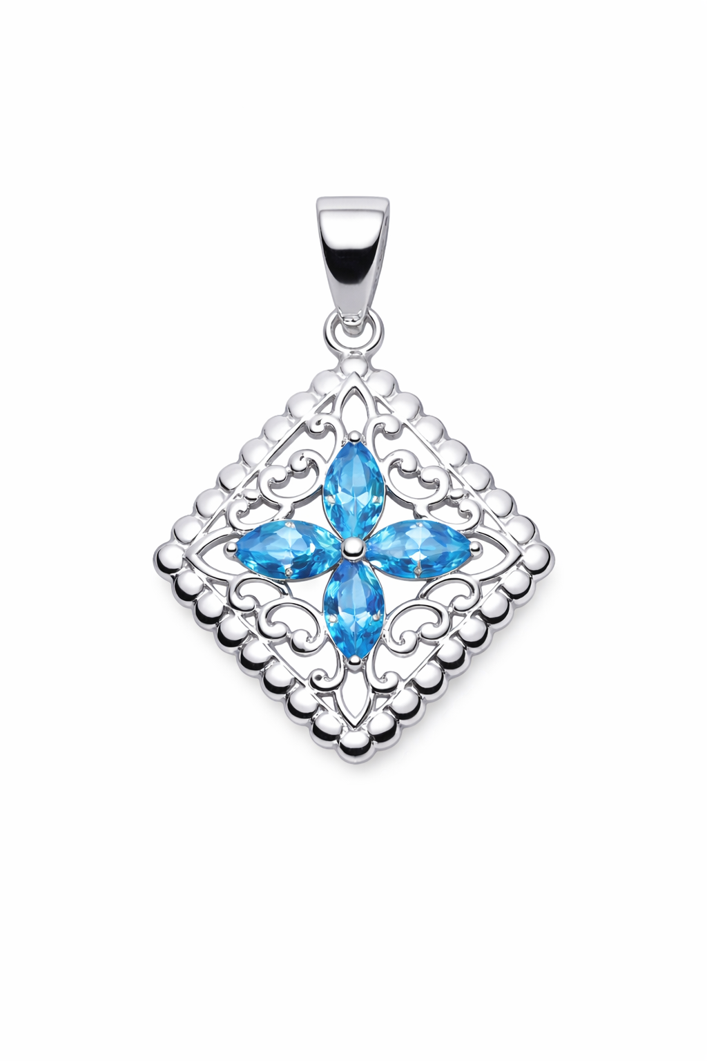 Sterling Silver Sky Blue Topaz Filigree Pendant Necklace – Four Marquise Stones