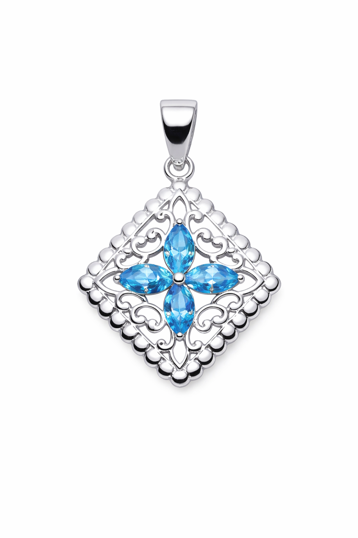 Sterling Silver Sky Blue Topaz Filigree Pendant Necklace – Four Marquise Stones