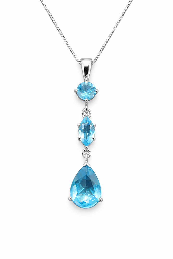 Sky Blue Topaz Pendant Necklace Sterling Silver – 1.5" Drop with Round, Marquise & Pear Sky Blue Topaz Stones on 16" Box Chain