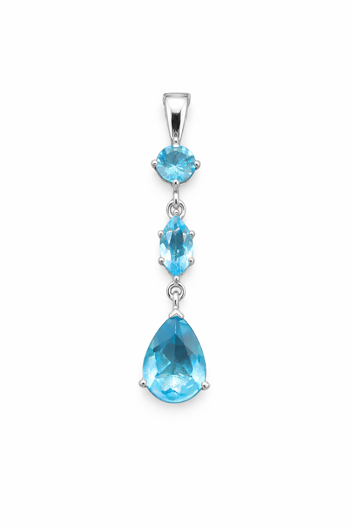 Sky Blue Topaz Pendant Necklace Sterling Silver – 1.5" Drop with Round, Marquise & Pear Sky Blue Topaz Stones on 16" Box Chain