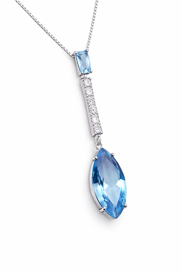 Sterling Silver Sky Blue Topaz Drop Pendant Necklace – 17x8 mm Marquise & 7x4 mm Topaz – 1.75" Drop – 16" Box Chain